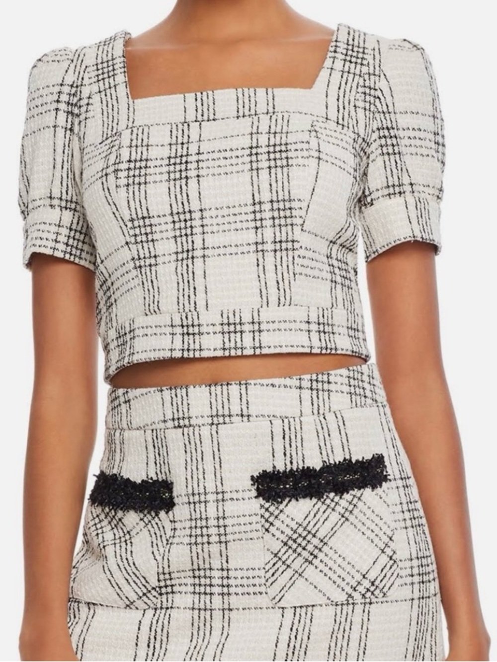 Aqua White and Black Plaid Tweed Crop Top